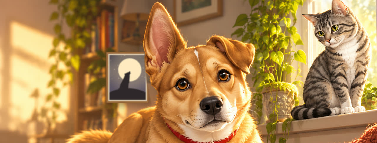 Painted poster: Juno the dog and Miso the cat at home, a wolf-and-moon picture on the wall