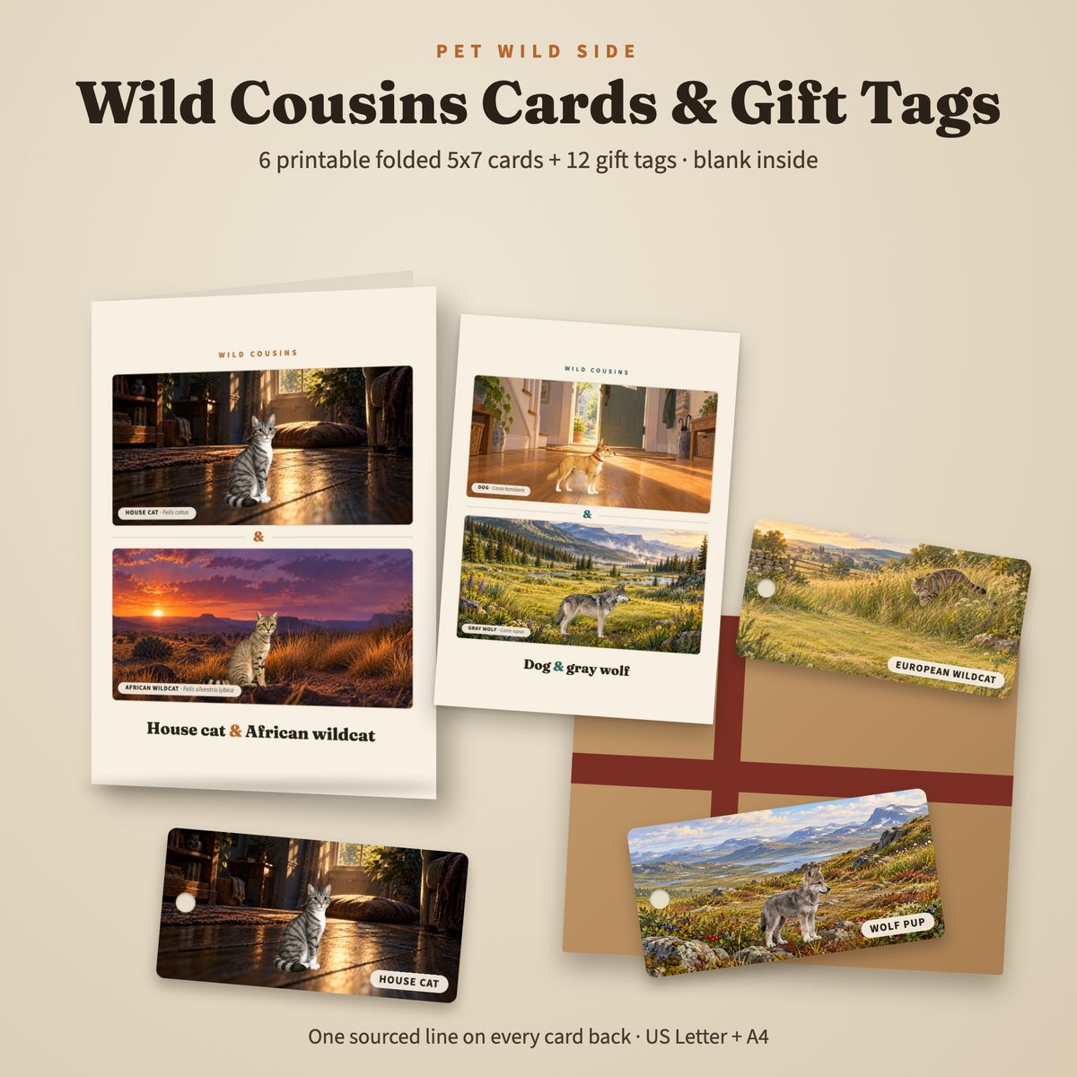 Printable Wild Cousins greeting cards and gift tags with painted cats, dogs, wildcats and wolves