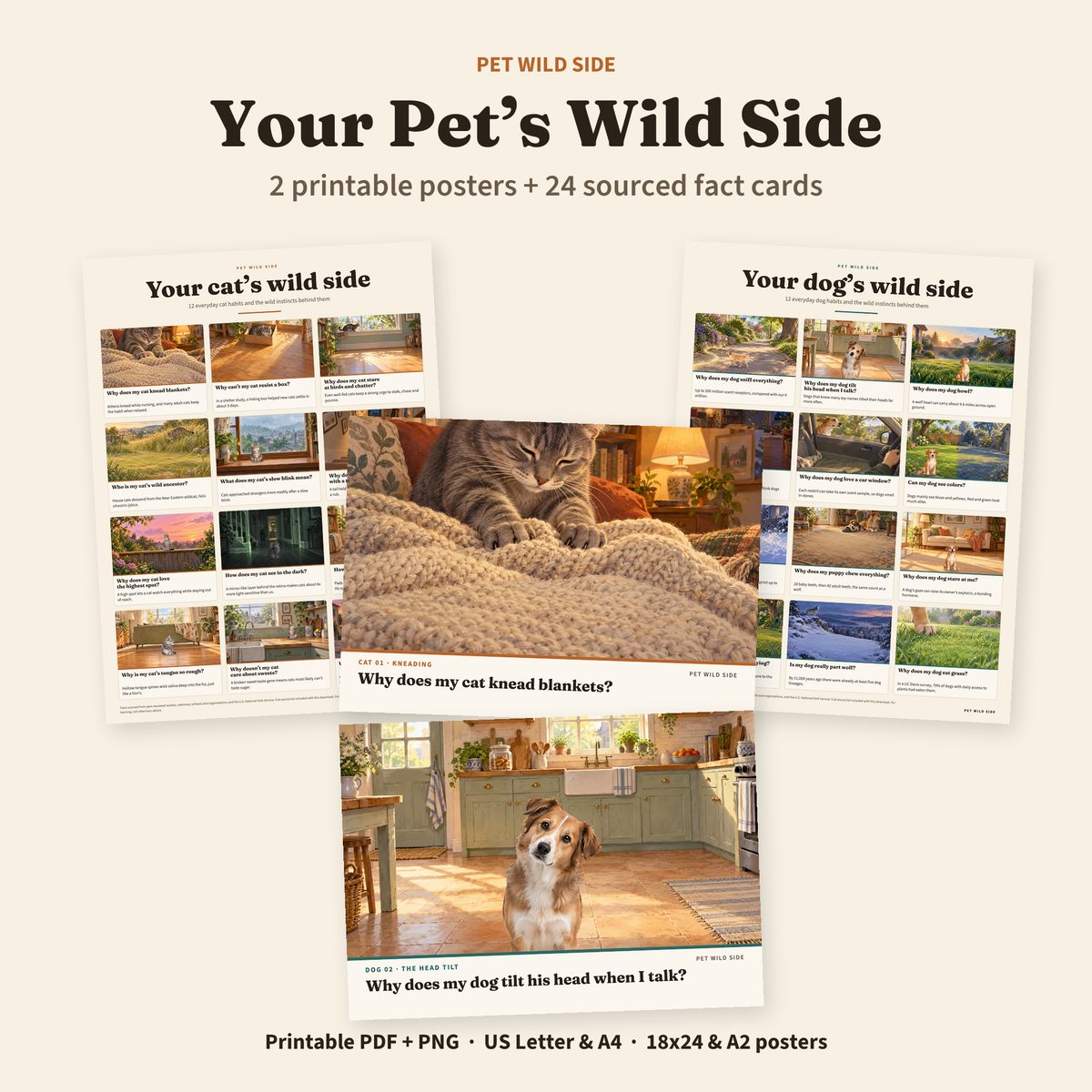 Cat and dog Wild Side posters with painted pet scenes and printable fact cards